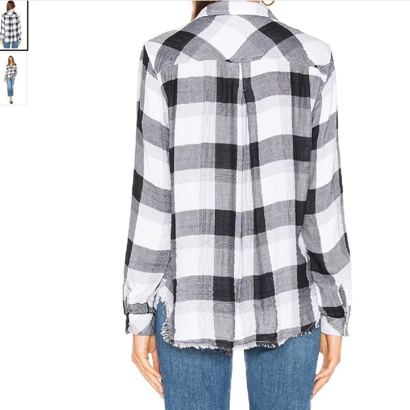 Bella Dahl Frayed Hem Pocket Button Down White Black Flannel - Size M - Picture 2 of 8